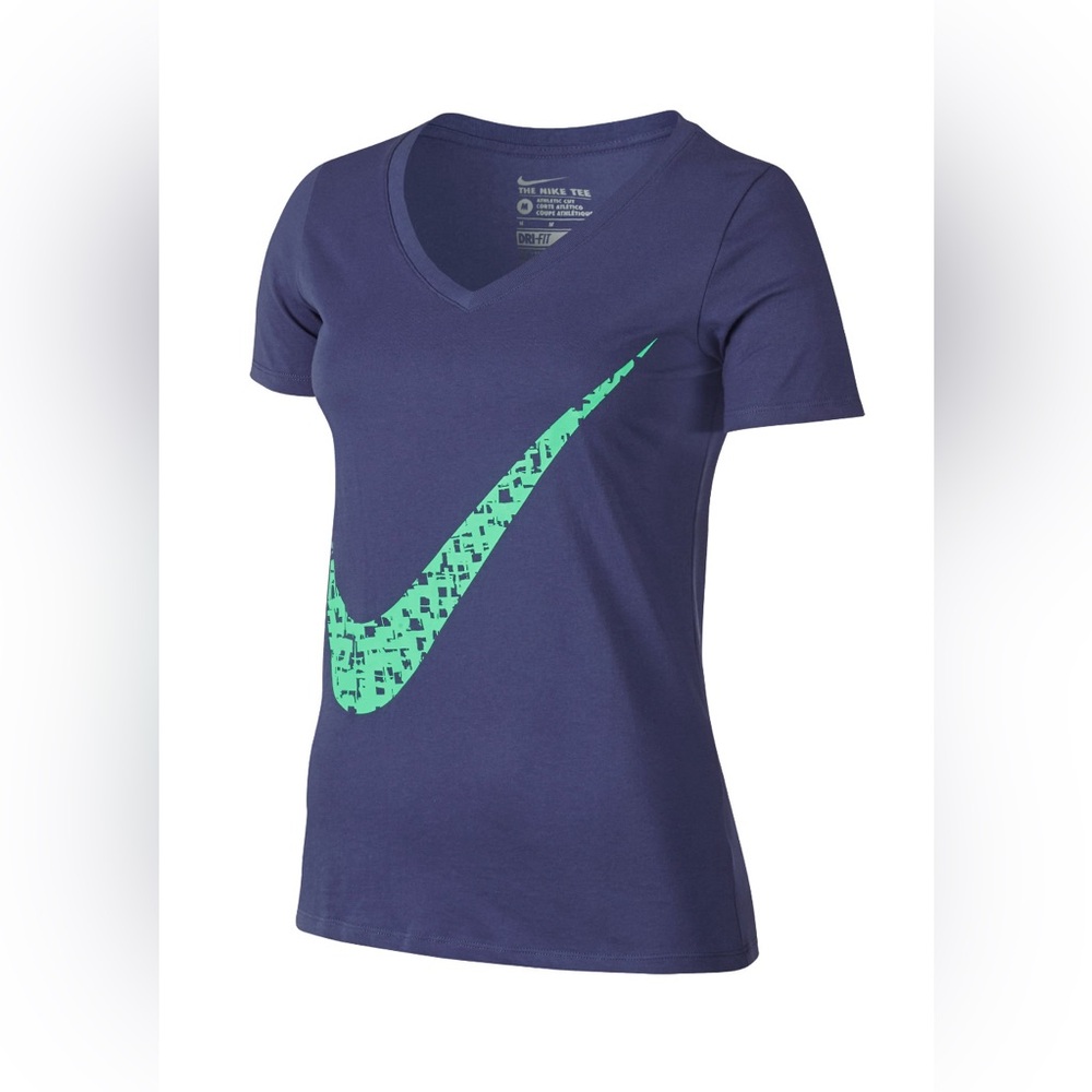 Nike Dri Fit NWT CTN Swoosh Graphic Logo V-Neck Tee Shirt Top Navy Blue Mint M